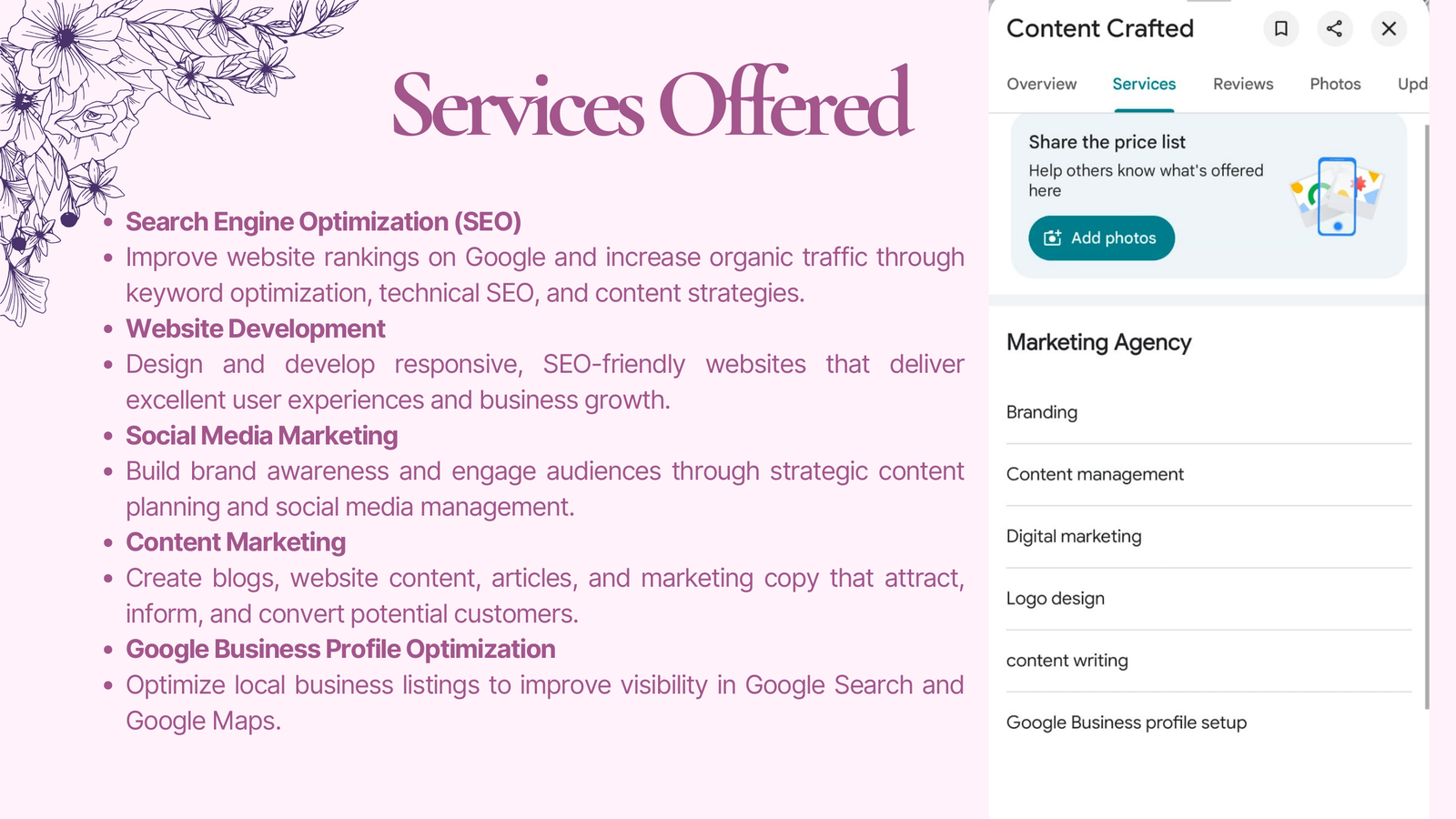 Google Business Profile Optimization — Services offered on the profile