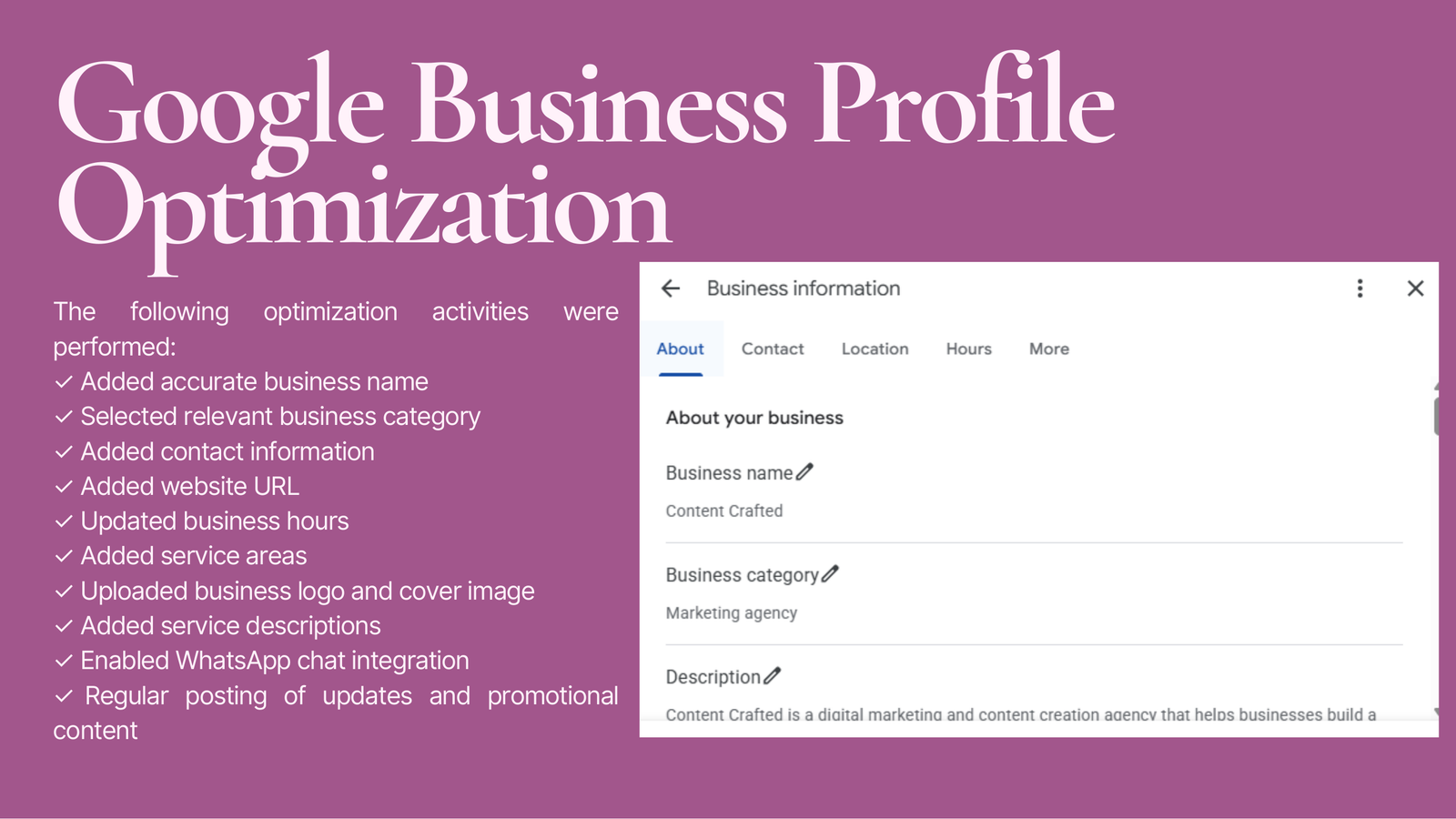 Google Business Profile Optimization — Profile optimization activities
